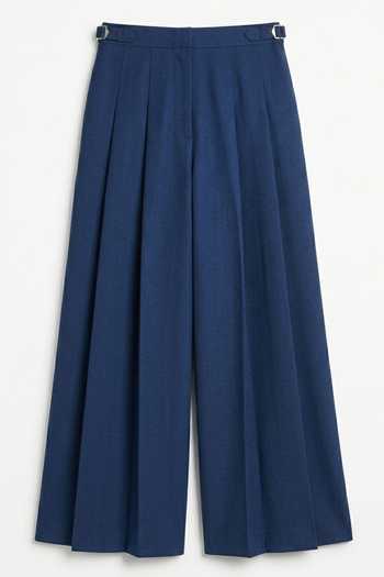 Shop_House Of Three_Blue Cotton, Poplin Hridaya Pleated Wide-leg Trouser _Online_at_Aza_Fashions