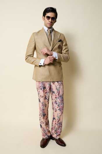 Buy_House Of Three_Pink Cotton, Linen Botanica Print Gurkha Trouser _Online_at_Aza_Fashions