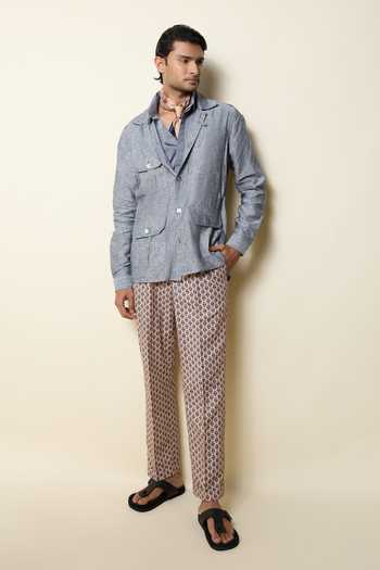 Buy_House Of Three_Beige Cotton, Linen The Gandaberunda Print Trouser _Online_at_Aza_Fashions