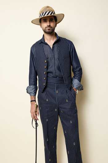 Shop_House Of Three_Blue Cotton, Denim Embroidery Ganda Berunda Pinstriped Gurkha Trouser _Online_at_Aza_Fashions
