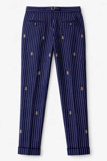 House Of Three_Blue Cotton, Denim Embroidery Ganda Berunda Pinstriped Gurkha Trouser _at_Aza_Fashions