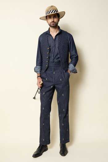 Shop_House Of Three_Blue Cotton, Denim Striped Waistcoat _Online_at_Aza_Fashions