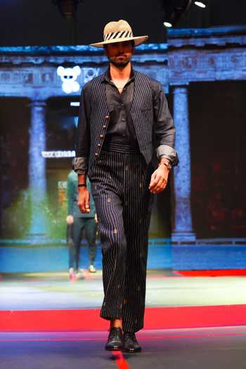 House Of Three_Blue Cotton, Denim Striped Waistcoat _at_Aza_Fashions