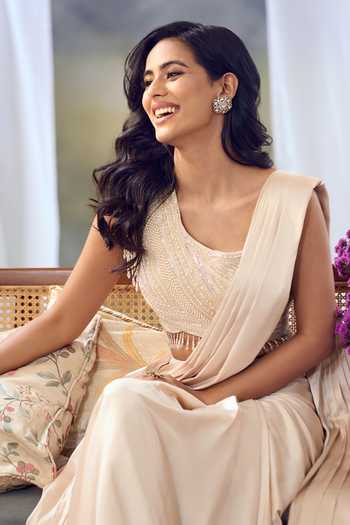 Shop_Aariyana Couture_Ivory Satin, Net Beads, Pearls Round Neck Pre-draped Saree With Handwork Blouse 