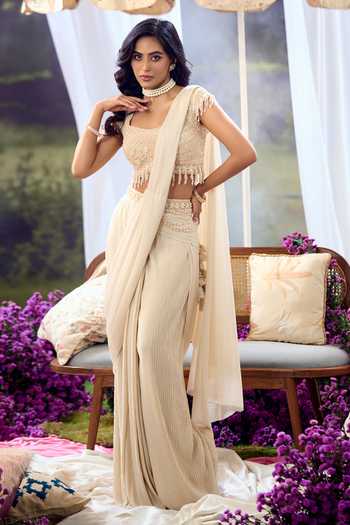 Shop_Aariyana Couture_Ivory Lycra, Net Pearls, Tassels Pre-draped Saree With Embroidered Blouse _Online_at_Aza_Fashions