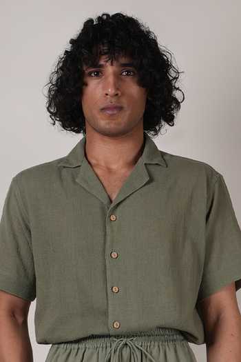 Shop_MATI_Green Cotton Handspun Cuban Collar Shirt _Online_at_Aza_Fashions