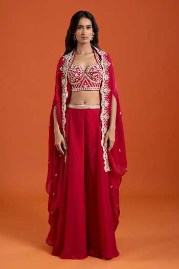 Buy_Samyukta Singhania_Pink Organza Embroidery, Beads Sweetheart Neck Cape And Sharara Set 