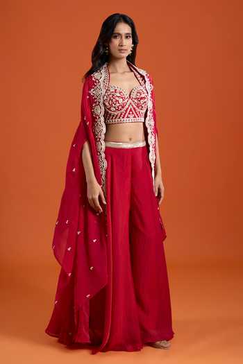 Shop_Samyukta Singhania_Pink Organza Embroidery, Beads Sweetheart Neck Cape And Sharara Set 
