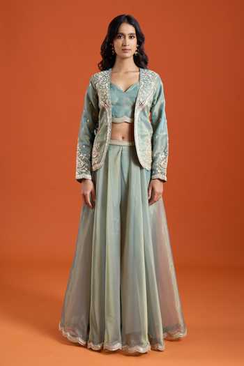 Buy_Samyukta Singhania_Green Tissue Embroidery Open , Sweetheart Floral Jacket And Sharara Set _Online_at_Aza_Fashions