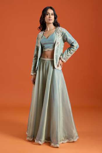 Shop_Samyukta Singhania_Green Tissue Embroidery Open , Sweetheart Floral Jacket And Sharara Set _Online_at_Aza_Fashions