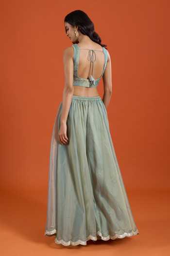 Buy_Samyukta Singhania_Green Tissue Embroidery Open , Sweetheart Floral Jacket And Sharara Set 