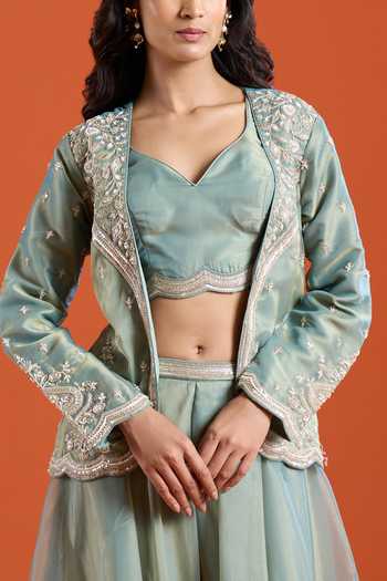 Shop_Samyukta Singhania_Green Tissue Embroidery Open , Sweetheart Floral Jacket And Sharara Set 