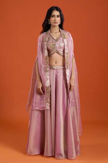 Samyukta Singhania_Pink Tissue Embroidery V-neck Flared Cape And Sharara Set _Online_at_Aza_Fashions
