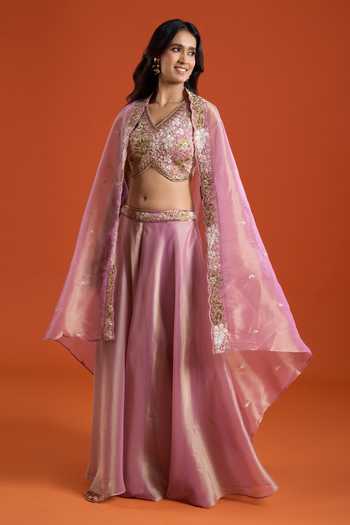 Buy_Samyukta Singhania_Pink Tissue Embroidery V-neck Flared Cape And Sharara Set _Online_at_Aza_Fashions