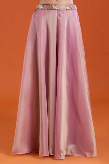 Samyukta Singhania_Pink Tissue Embroidery V-neck Flared Cape And Sharara Set _at_Aza_Fashions