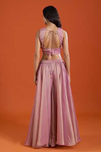 Buy_Samyukta Singhania_Pink Tissue Embroidery V-neck Flared Cape And Sharara Set 