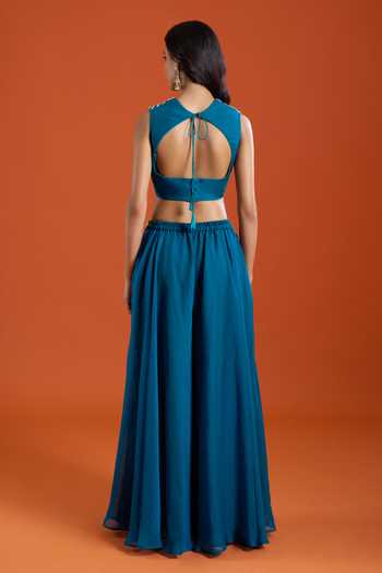 Samyukta Singhania_Teal Organza Embroidery Sweetheart Neck Bead Cape And Sharara Set _Online_at_Aza_Fashions