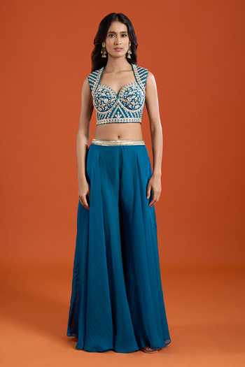 Buy_Samyukta Singhania_Teal Organza Embroidery Sweetheart Neck Bead Cape And Sharara Set _Online_at_Aza_Fashions