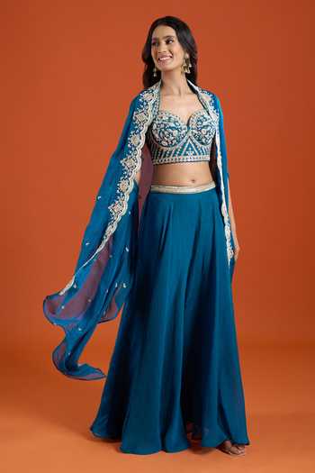 Shop_Samyukta Singhania_Teal Organza Embroidery Sweetheart Neck Bead Cape And Sharara Set _Online_at_Aza_Fashions