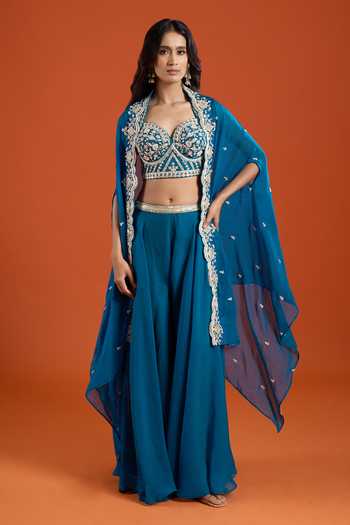 Samyukta Singhania Bead Embroidered Organza Cape & Sharara Set 