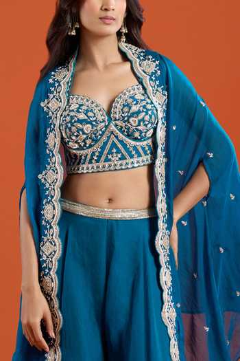 Shop_Samyukta Singhania_Teal Organza Embroidery Sweetheart Neck Bead Cape And Sharara Set 
