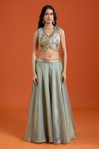 Samyukta Singhania_Green Tissue Embroidery V-neck Cape Sharara Set _Online_at_Aza_Fashions