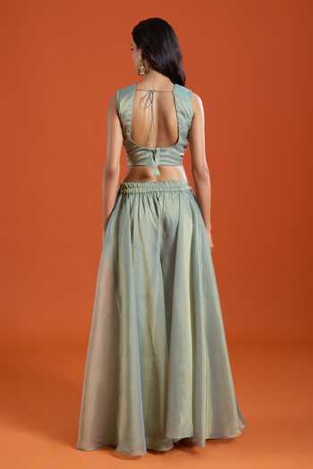 Buy_Samyukta Singhania_Green Tissue Embroidery V-neck Cape Sharara Set _Online_at_Aza_Fashions