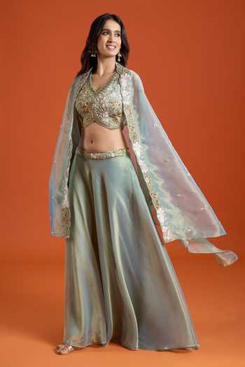 Samyukta Singhania_Green Tissue Embroidery V-neck Cape Sharara Set _at_Aza_Fashions