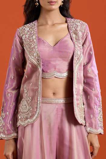 Samyukta Singhania_Pink Tissue Embroidery Open , Sweetheart Floral Jacket And Sharara Set _Online_at_Aza_Fashions