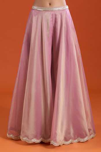 Shop_Samyukta Singhania_Pink Tissue Embroidery Open , Sweetheart Floral Jacket And Sharara Set _Online_at_Aza_Fashions