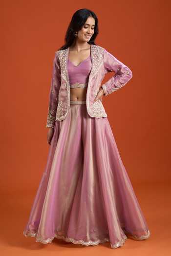 Samyukta Singhania_Pink Tissue Embroidery Open , Sweetheart Floral Jacket And Sharara Set _at_Aza_Fashions