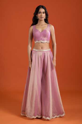 Buy_Samyukta Singhania_Pink Tissue Embroidery Open , Sweetheart Floral Jacket And Sharara Set 