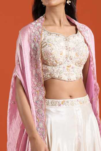 Shop_Samyukta Singhania_Pink Viscose Embroidery, Beads Sweetheart Neck Work Cape And Sharara Set _Online_at_Aza_Fashions