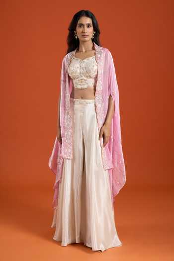 Samyukta Singhania_Pink Viscose Embroidery, Beads Sweetheart Neck Work Cape And Sharara Set _at_Aza_Fashions