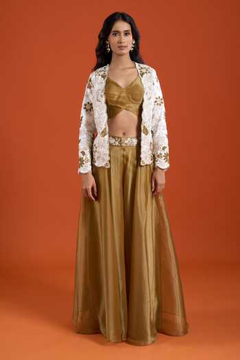 Samyukta Singhania_White Tissue Embroidery Open , Sweetheart Floral Jacket And Sharara Set _at_Aza_Fashions