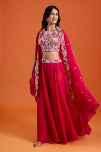 Samyukta Singhania_Pink Crepe Embroidery Round Neck Bead Cape And Sharara Set _Online_at_Aza_Fashions