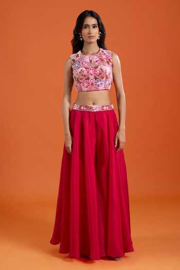 Shop_Samyukta Singhania_Pink Crepe Embroidery Round Neck Bead Cape And Sharara Set _Online_at_Aza_Fashions