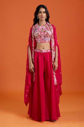 Samyukta Singhania_Pink Crepe Embroidery Round Neck Bead Cape And Sharara Set _at_Aza_Fashions