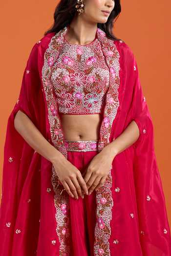 Shop_Samyukta Singhania_Pink Crepe Embroidery Round Neck Bead Cape And Sharara Set 