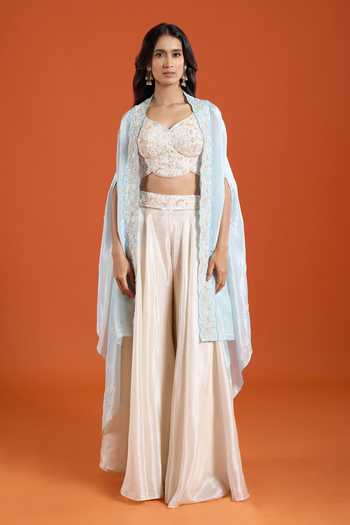 Shop Samyukta Singhania Blue Viscose Shawl , Sweetheart Contrast Cape Sharara Set Online at Aza Fashions Shop_Samyukta Singhania_Blue Viscose Shawl , Sweetheart Contrast Cape Sharara Set _Online_at_Aza_Fashions