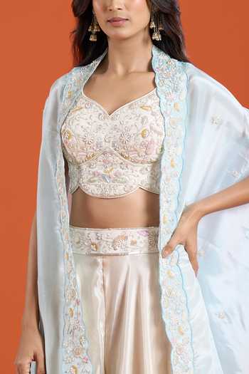 Shop Samyukta Singhania Blue Viscose Shawl , Sweetheart Contrast Cape Sharara Set Shop_Samyukta Singhania_Blue Viscose Shawl , Sweetheart Contrast Cape Sharara Set