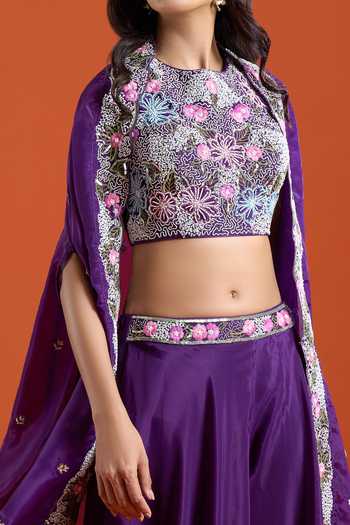 Samyukta Singhania Purple Crepe Embroidery Round Neck Beads Cape Sharara Set Online at Aza Fashions Samyukta Singhania_Purple Crepe Embroidery Round Neck Beads Cape Sharara Set _Online_at_Aza_Fashions