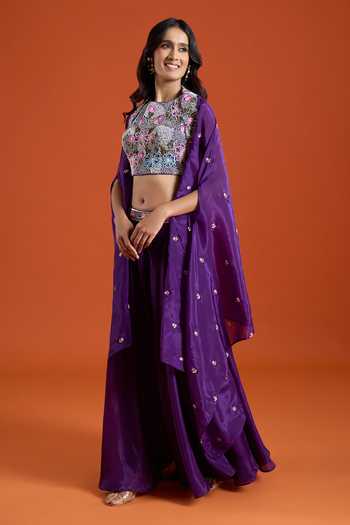 Samyukta Singhania Purple Crepe Embroidery Round Neck Beads Cape Sharara Set at Aza Fashions Samyukta Singhania_Purple Crepe Embroidery Round Neck Beads Cape Sharara Set _at_Aza_Fashions