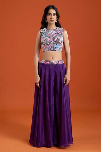 Buy Samyukta Singhania Purple Crepe Embroidery Round Neck Beads Cape Sharara Set Buy_Samyukta Singhania_Purple Crepe Embroidery Round Neck Beads Cape Sharara Set