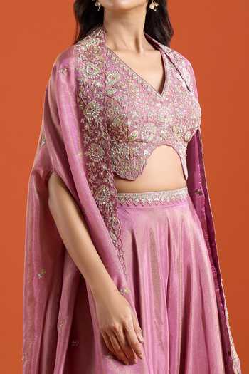 Buy_Samyukta Singhania_Pink Crepe Embroidery V-neck Cape Sharara Set _Online_at_Aza_Fashions