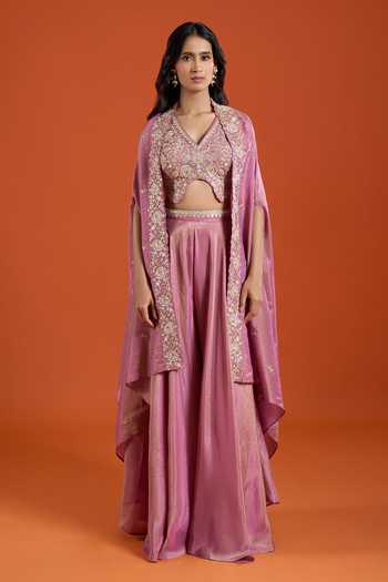 Samyukta Singhania_Pink Crepe Embroidery V-neck Cape Sharara Set _at_Aza_Fashions