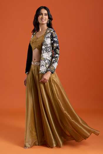 Samyukta Singhania_Black Tissue Embroidery V-neck Floral Jacket And Sharara Set _at_Aza_Fashions