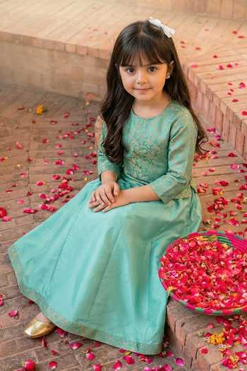 Petite Pomme_Blue Silk, Taffeta, Brocade Floral Woven Top And Lehenga Set _Online_at_Aza_Fashions