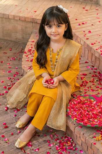Shop_Petite Pomme_Orange Silk, Net Embroidery, Beads Placement Kurta Set _Online_at_Aza_Fashions