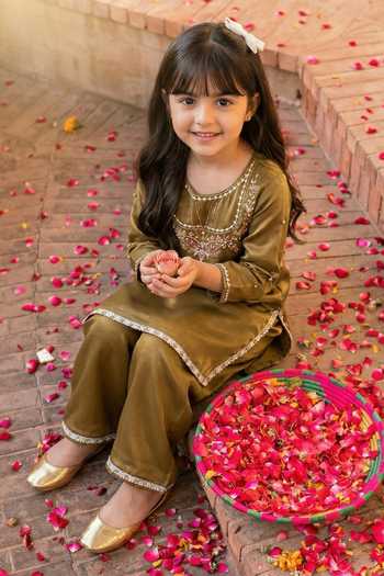 Buy_Petite Pomme_Brown Polyester Embroidery, Beads, Pearls Yoke Kurta And Pant Set _Online_at_Aza_Fashions